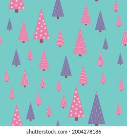 Seamless repeating pattern with textured Christmas trees in violet, pastel pink colors on gray, blue, turquoise. Modern and original holiday textiles, gift wrapping, wall decoration.