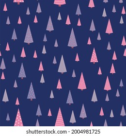 Patrón de repetición sin inconvenientes con árboles de Navidad texturados en colores rosa violeta y pastel sobre gris, azul, turquesa. Tejidos de vacaciones modernos y originales, envoltura de regalo, decoración de paredes.