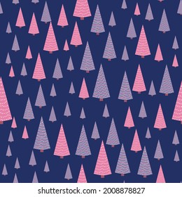 Seamless repeating pattern with textured Christmas trees in violet, pastel pink colors on gray, blue, turquoise. Modern and original holiday textiles, gift wrapping, wall decoration.