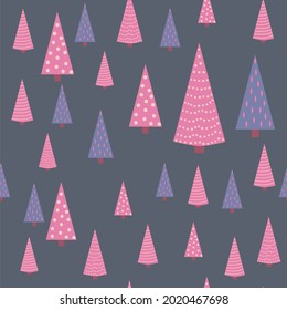 Seamless repeating pattern with textured Christmas trees in violet, pastel pink colors on gray, blue, turquoise. Modern and original holiday textiles, gift wrapping, wall decoration.