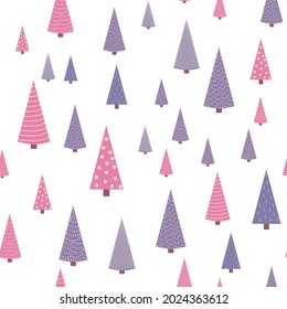 Patrón de repetición sin inconvenientes con árboles de Navidad texturados en colores rosa violeta y pastel sobre gris, azul, turquesa. Tejidos de vacaciones modernos y originales, envoltura de regalo, decoración de paredes.