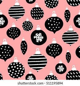 Seamless repeating pattern with textured Christmas baubles in black and white on pink background. Modern and original festive textile, gift wrap, wall art design.