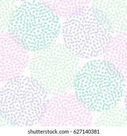 Seamless repeating pattern with textured round shapes in pastel pink, mint green and lavender violet on white background. Creative and modern tiling background, poster, textile, greeting card design.