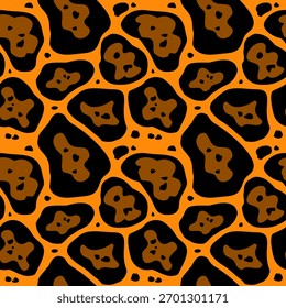 padrão de repetição uniforme que imita uma impressão animal. O design é uma interpretação abstrata de um leopardo, jaguar ou jaguar. As cores são de alto contraste: um fundo laranja-ocre brilhante