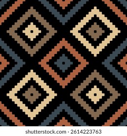 Seamless repeating pattern with a traditional ethnic design of geometric shapes made of small squares.  Vintage retro style. Abstract vector illustration.