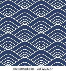 Nahtloses Wiederholungsmuster eines traditionellen japanischen Wellenmotivs in einem modernen und eleganten Stil. Weiße abstrakte Wellen auf blauem Hintergrund. Vektorgrafik für Verpackung, Tapete und Textilien.