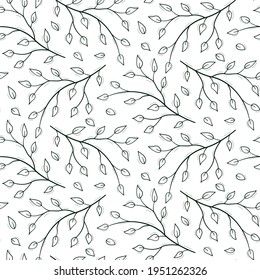 Seamless repeating pattern of a tree or bush branch with small sparse leaves. Contour dark green objects on a white.
