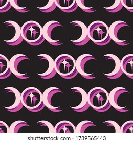 Seamless repeating pattern of the Triple Moon symbol icon with a star at the centre.  Black background with pink and purple vector illustration surface pattern design.
