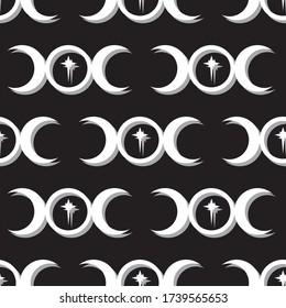 Seamless repeating pattern of the Triple Moon symbol icon with a star at the centre.  Black background with white and gray vector illustration surface pattern design.