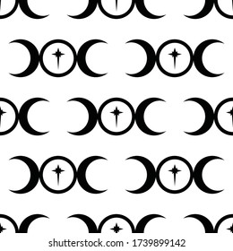 Seamless repeating pattern of the Triple Moon symbol icon with a star at the centre.  Black and white vector illustration. Elegant fabric on light background Surface pattern design.