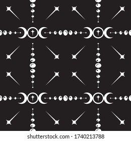 Seamless repeating pattern of the Triple Moon symbol icon with a star at the centre and moon phase design.  Black and white vector illustration. Surface pattern design.