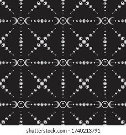 Seamless repeating pattern of the Triple Moon symbol icon with a star at the centre and moon phase design.  Black and white vector illustration. Surface pattern design.