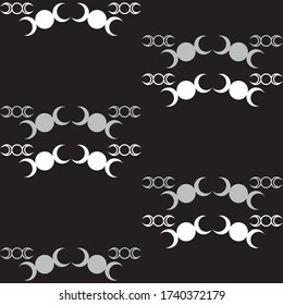 Seamless repeating pattern of the Triple Moon symbol icon design.  Black white and gray vector illustration. Surface pattern design.