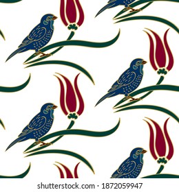 patrón de repetición sin fisuras con tulipanes y aves. ilustración vectorial