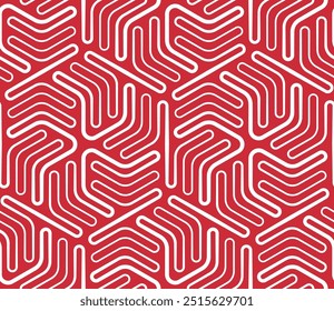 Seamless repeating pattern with twisted thin white lines forming hexagon geometric shapes on a red color background. Modern elegant bicolor style. Maze design. Abstract vector illustration.