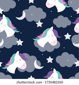 Seamless repeating pattern Unicorn horse floating in the sky with clouds and stars. Cute design, fairy tale cartoon style. Used for publication, gift wrapping, fashion, textile, vector illustration.