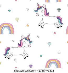 Seamless repeating pattern Unicorn horse floating on a white background with a rainbow and star. Cute design fairy tale cartoon style. Used for publication, fashion, textile, vector illustration.