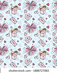 Seamless repeating pattern for valentine's day with love. Fireworks in the shape of a heart, a gift and a letter. Pink hearts and transparent elements on the background.