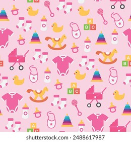 seamless repeating pattern of various kinds of baby girl equipment