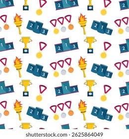 Seamless repeating pattern with various sports motifs on a white background. The steps of the podium for awarding the winners, gold trophies with a black base, torches with flames.