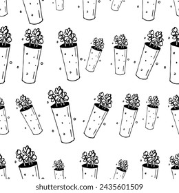 Seamless repeating pattern with vases and pots texture background. Cute and modern illustration, perfect for greeting cards, wall art, wrapping paper, etc.
