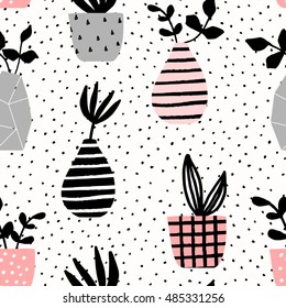 Seamless repeating pattern with vases and pots on dots texture background. Cute and modern Scandinavian style illustration, perfect for greeting cards, wall art, wrapping paper, etc.