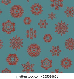 Seamless Repeating Pattern. Vector design. Christmas Stylized Snowflakes on a blue Background.