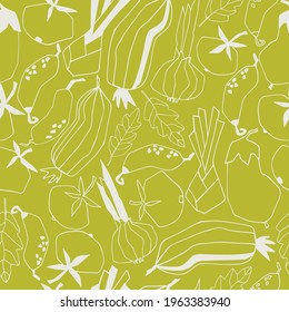 Seamless repeating pattern with vegetables. Abstract trendy illustrations on green background