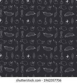 Seamless repeating pattern with vegetables in rows. Geometric outlined illustrations on black background