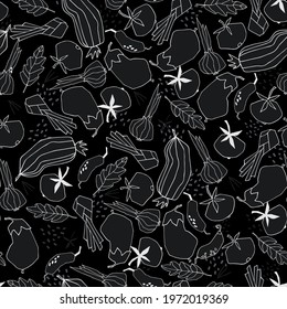 Seamless repeating pattern with vegetables. Stylized vector line art. Black-and-white trendy illustrations on black background. Healthy food, carbs, veganism concept