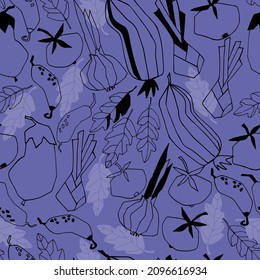 Seamless repeating pattern with vegetables. Stylized vector line art. Abstract trendy illustrations on Very Peri colors of the year 2022 background. Healthy food, carbs, veganism concept