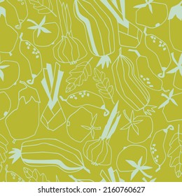 Seamless repeating pattern with vegetables. Stylized vector line art. Abstract trendy illustrations on green background. Healthy food, carbs, veganism concept