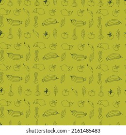 Seamless repeating pattern with vegetables. Stylized vector line art. Abstract trendy illustrations on green background. Healthy food, carbs, veganism concept