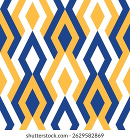 Seamless repeating pattern with a vibrant design of diamond-shaped geometric elements in blue, white, and yellow. Simple and elegant modern style. Abstract vector illustration.