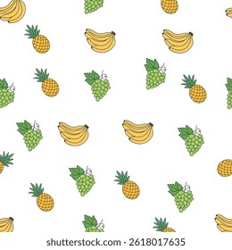 Um padrão contínuo e repetitivo ilustrações vibrantes de uvas, bananas. Fruit Pattern Design, uso para papel de parede, tecido, têxtil