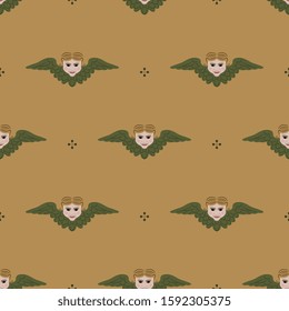Seamless repeating pattern with vintage cherubs. Winged faces of angels.