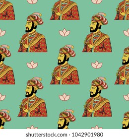 Seamless repeating pattern with vintage portraits of medieval Indian Mogul prince or rajah and abstract floral motifs. Ethnic exotic style.