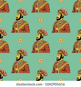 Seamless repeating pattern with vintage portraits of medieval Indian Mogul prince or rajah and abstract polka dots. Ethnic exotic style.