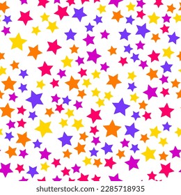 Seamless repeating pattern of vivid pink, purple, blue, red, yellow stars for fabric, textile, papers and other various surfaces 