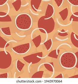 Seamless repeating pattern of watermelons on pale orange background