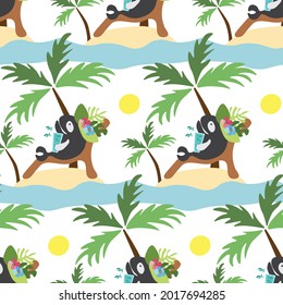 seamless repeating pattern with whales, suns and palm trees