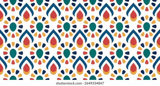 Um padrão de repetição uniforme com um plano de fundo branco exibe gotas estilizadas e formas de ventilador em cores vermelho, amarelo, azul e azul em negrito.