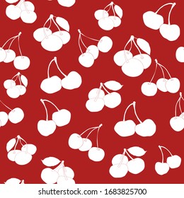 seamless repeating pattern of white cherries on red background