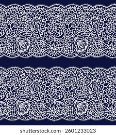 seamless, repeating pattern of white floral lace against a dark blue background, for textile, wallpaper, gift wrapping.
