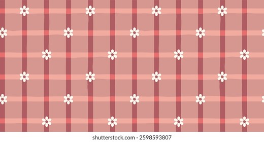 Seamless repeating pattern with white flowers on red-pink checkered background. For textile, fabric, kitchen textile, background, wallpaper. Vector illustration.