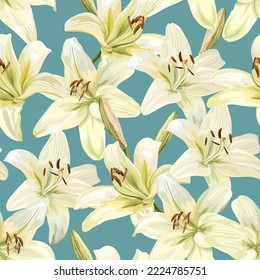 Seamless repeating pattern white lily flowers on blue background, vector illustration. 