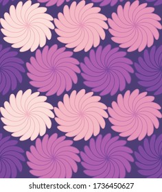 Seamless repeating pattern of white, pink and purple flowers