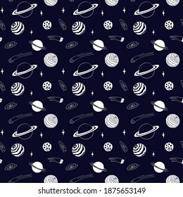 Seamless repeating pattern of white planets and other cosmic bodies on a dark blue background. Hand drawn. 