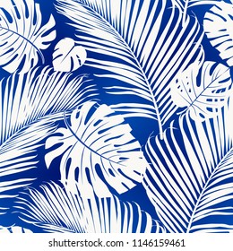 Seamless repeating pattern with white silhouettes of palm tree leaves on blue background.