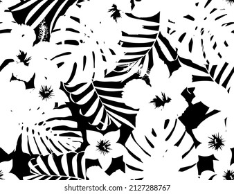 Seamless repeating pattern with white silhouettes of palm tree, hibiscus flowers and leaves in black background. Vector botanical illustration, elements for design.